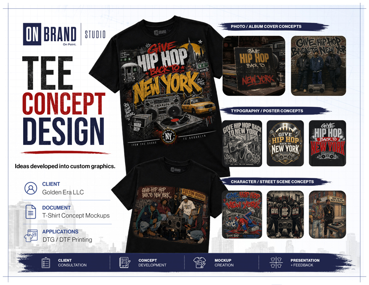 Apparel graphic direction and tee concept design for Golden Era LLC
