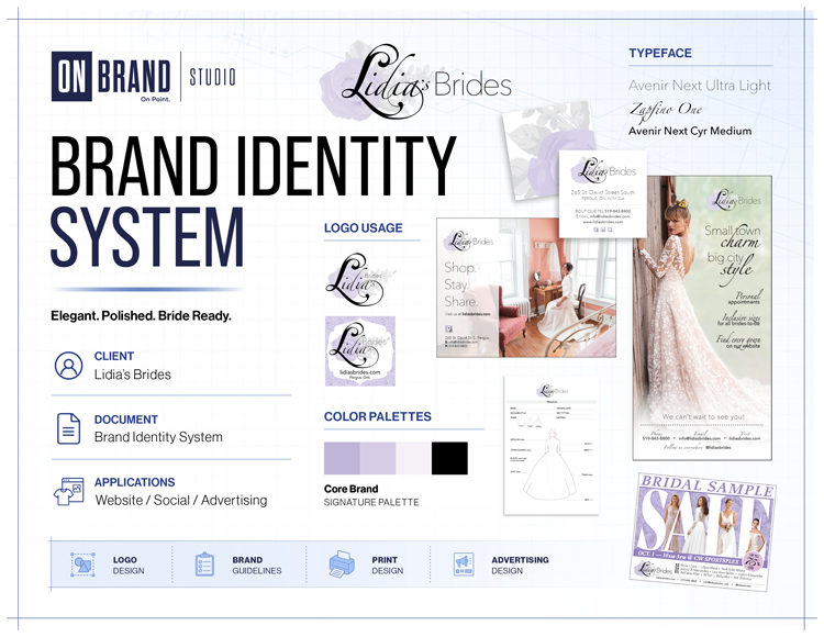 Boutique bridal brand identity system and editorial campaign media for Lidia's Brides by ON Brand Studio