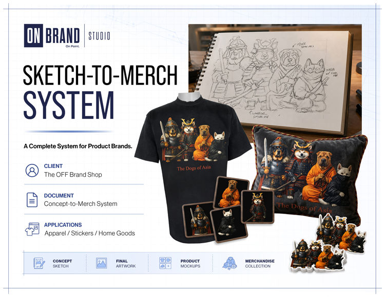 Sketch to merch apparel design system with custom tee graphics stickers and product mockups by ON Brand Studio