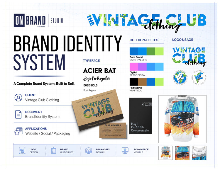 Vintage Club Clothing ecommerce brand identity system with logo typography packaging and apparel brand visuals