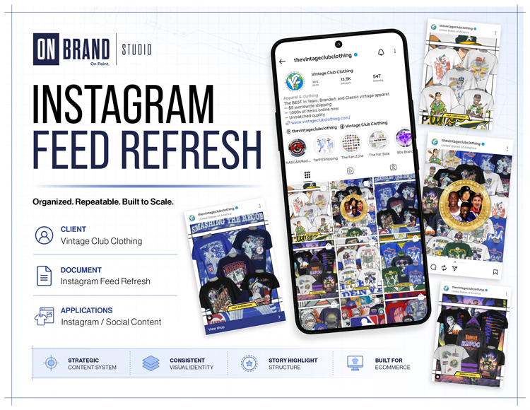 Instagram feed refresh and reusable social media design system for Vintage Club Clothing by ON Brand Studio