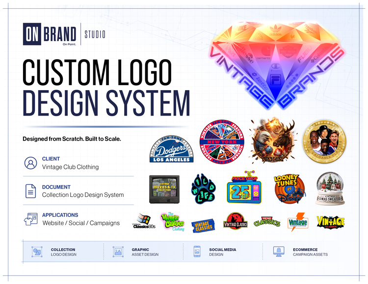 Custom collection logo design system for Vintage Club Clothing apparel categories and ecommerce campaigns