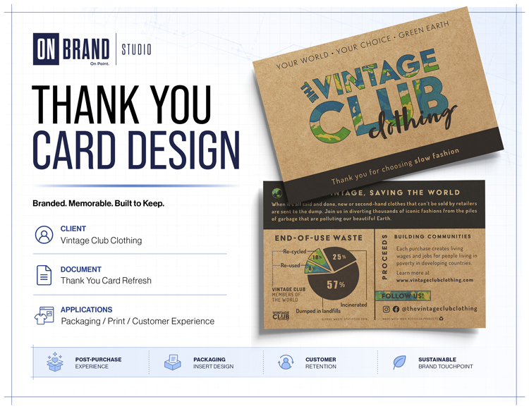 Sustainable post-purchase thank you card and packaging insert design for Vintage Club Clothing