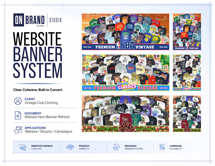 ON Brand Studio ecommerce website hero banner design for Vintage Club Clothing storefront campaigns